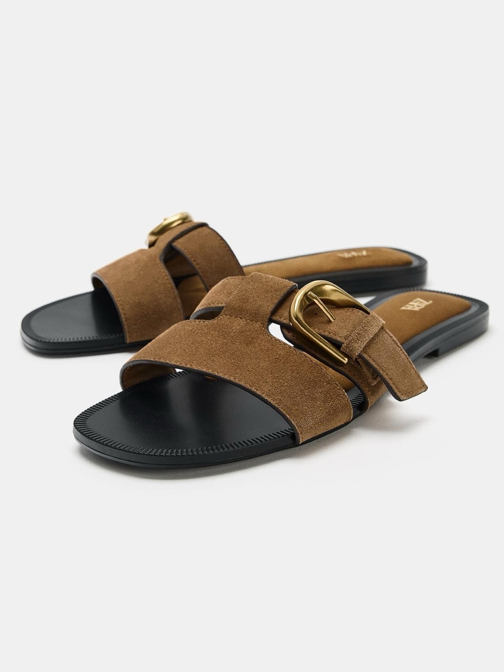 Zara Suede Slide Sandals with Gold Buckle